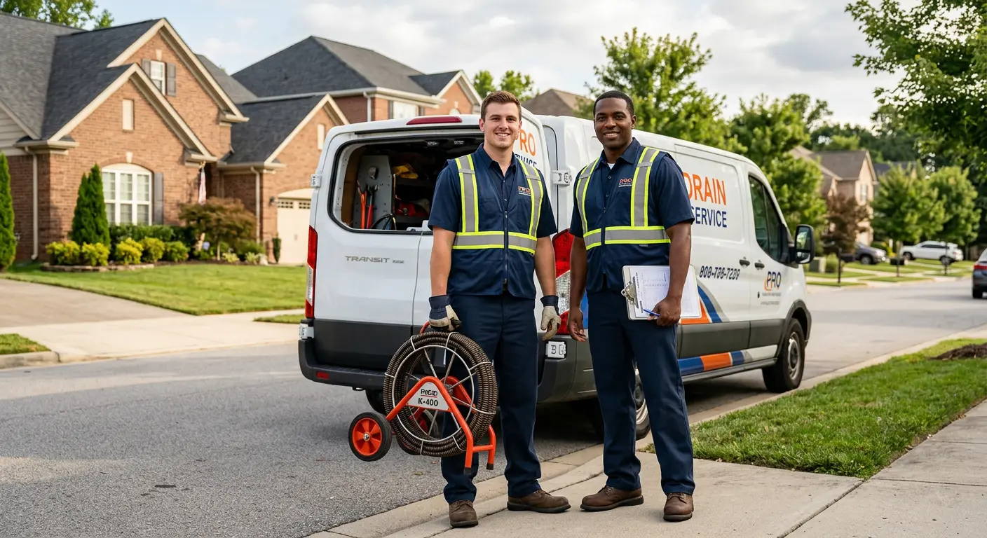 Sewer and drain service team with equipment ready for work in Edgewood