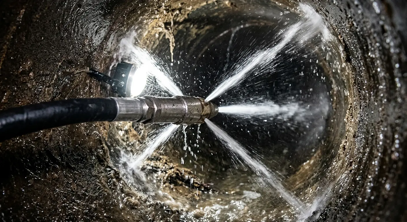 High-pressure hydro jetting nozzle cleaning sewer pipe for Sewer Line Relining in Edgewood