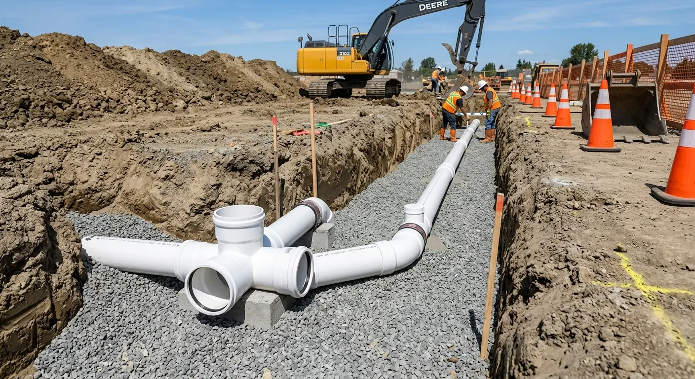 New PVC sewer pipe installation in open trench for Sewer Backup in Edgewood