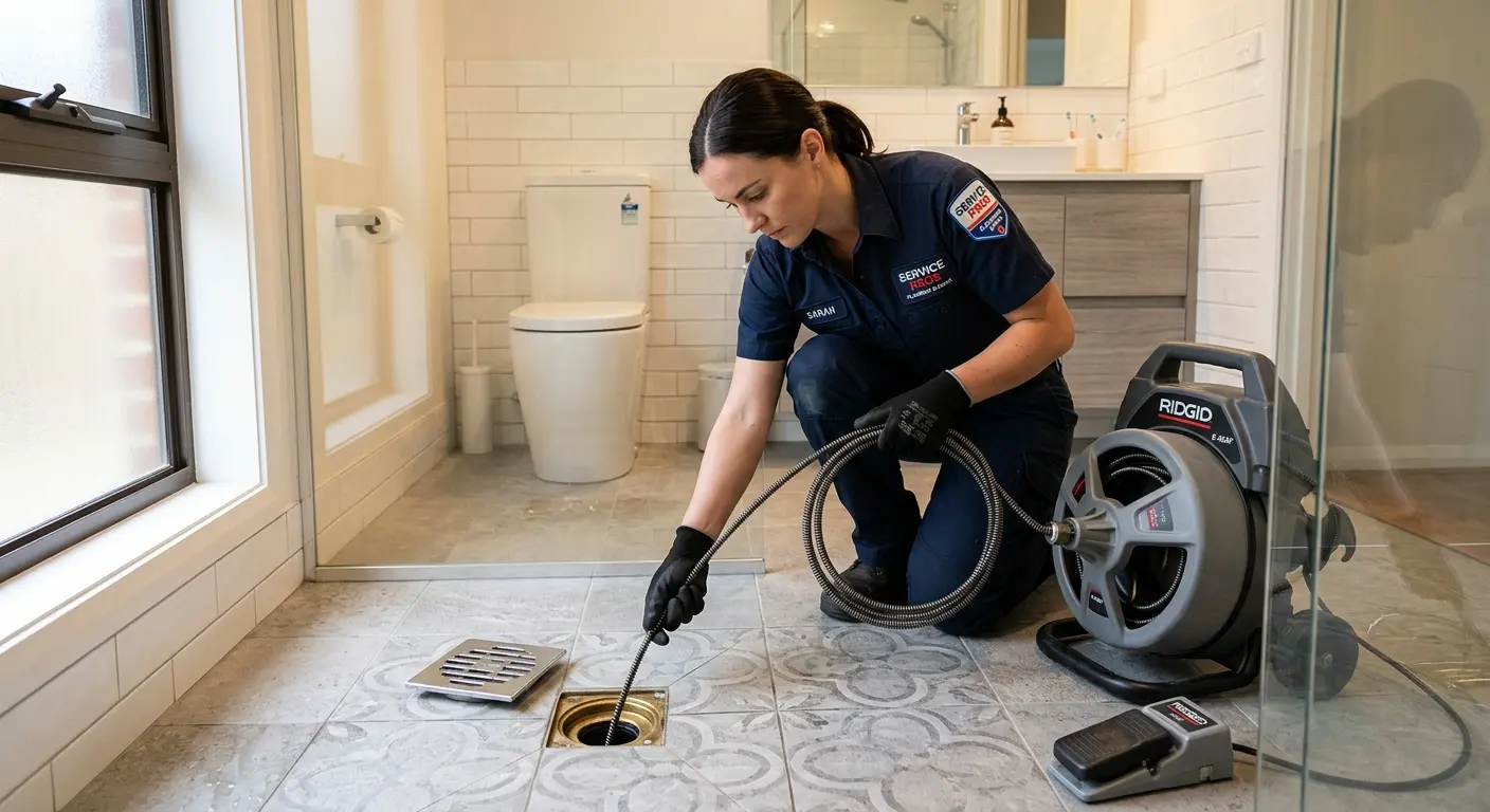Technician clearing a bathroom floor drain for Sewer Line Replacement in Edgewood